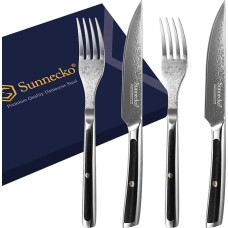 Sunnecko Steak Cutlery Set Steak Knife Set - 4 pieces Damask Steak Cutlery Set for 2 People Damask Steak Fork Steak Knife Set of 4 Damascus Knives Damascus Forks Steak Cutlery Set