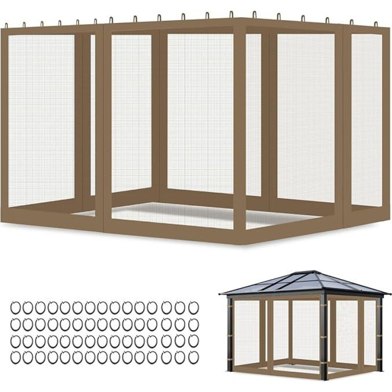 Tinklelis nuo uodų pavėsinei 3 x 3,6 m, apsauga nuo vabzdžių su 4 šoninėmis sienelėmis ir dvigubu užtrauktuku, tinka 10 x 12 pėdų sodo pavėsinei, terasai, kempingui (3 x 3,6 Khaki)