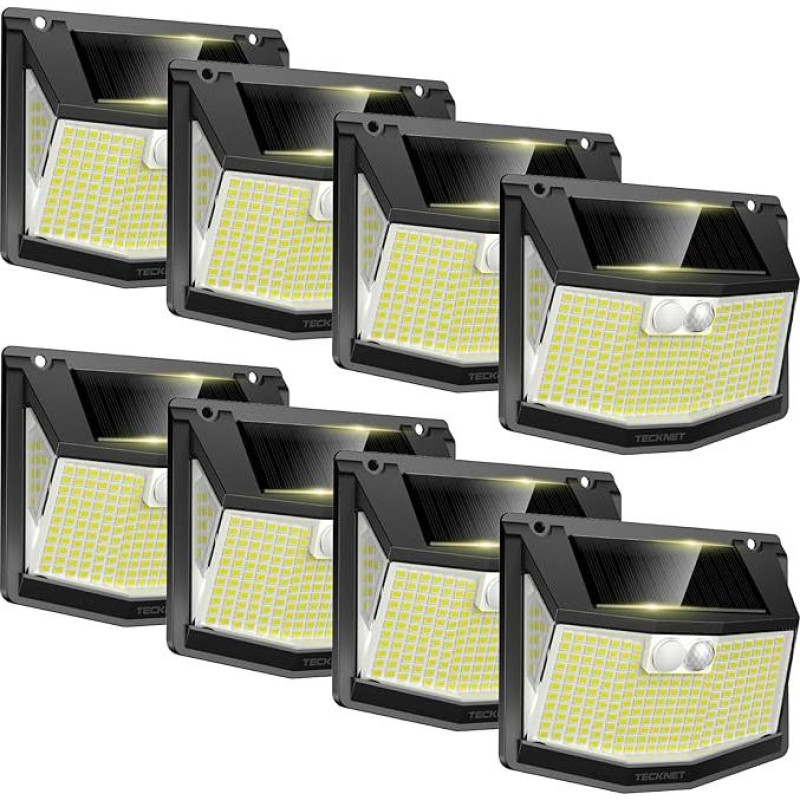 TECKNET lauko saulės šviesos su judesio jutikliu [pakuotė iš 8] 248 LED saulės šviesos lempos 3 režimai 300° IP66 Vandeniui atsparus saulės šviesos žibintas lauko sieninis apšvietimas sodo sienai, stulpui, keliui, garažui