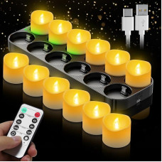 Įkraunamos LED arbatos žvakės, 12 vnt., su nuotolinio valdymo pulteliu ir laikmačio funkcija, elektrinės žvakės su USB-C įkrovimo stotimi, skirtos vestuvėms, vakarėliams, nedegių arbatos žvakių rinkinys namams