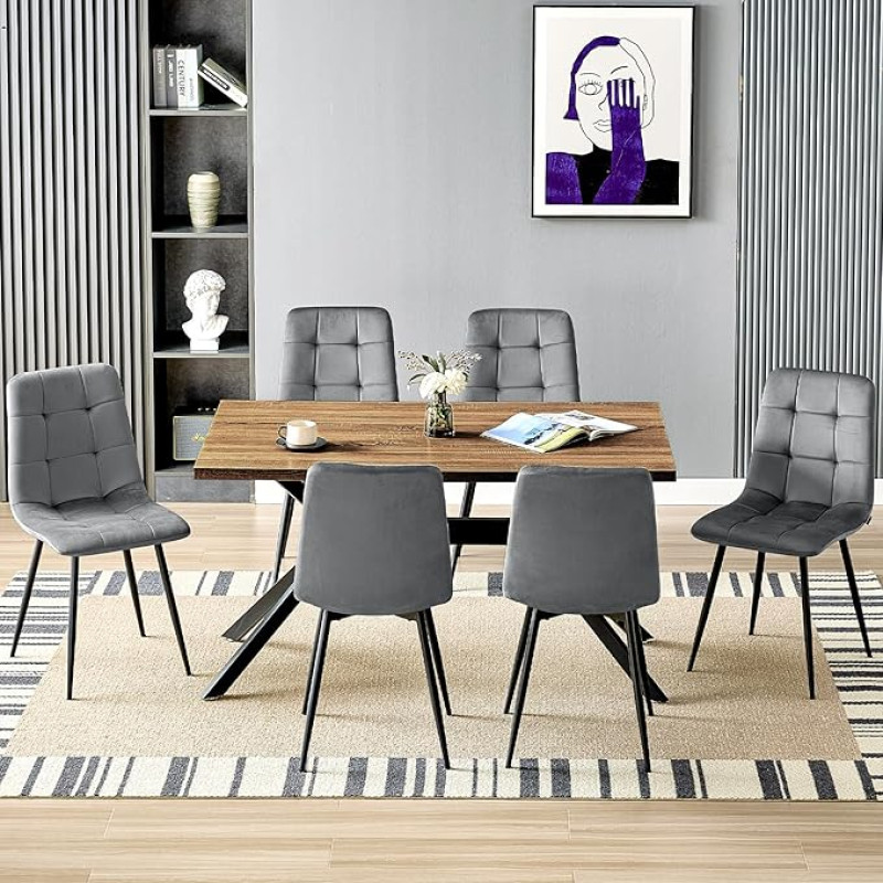 LEWE valgomojo stalo ir 6 kėdžių rinkinys, stačiakampio formos medinis virtuvės stalas (140 x 80 x 76 cm) ir 4 tamsiai pilkos spalvos veliūro minkštų valgomojo kėdžių rinkinys, skirtas svetainei, virtuvei, biurui