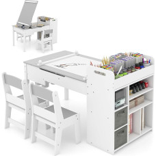 DREAMADE 3-in-1 vaikiškas stalas su 2 medinėmis kėdutėmis, vaikiškas tapybos stalas su pakreipiamu stalviršiu ir 2 medžiaginėmis dėžutėmis bei popieriaus ritiniu, vaikiškas sėdimųjų vietų rinkinys su laikymo vieta vaikų kambariui (pilkas, su 7 skyriais)