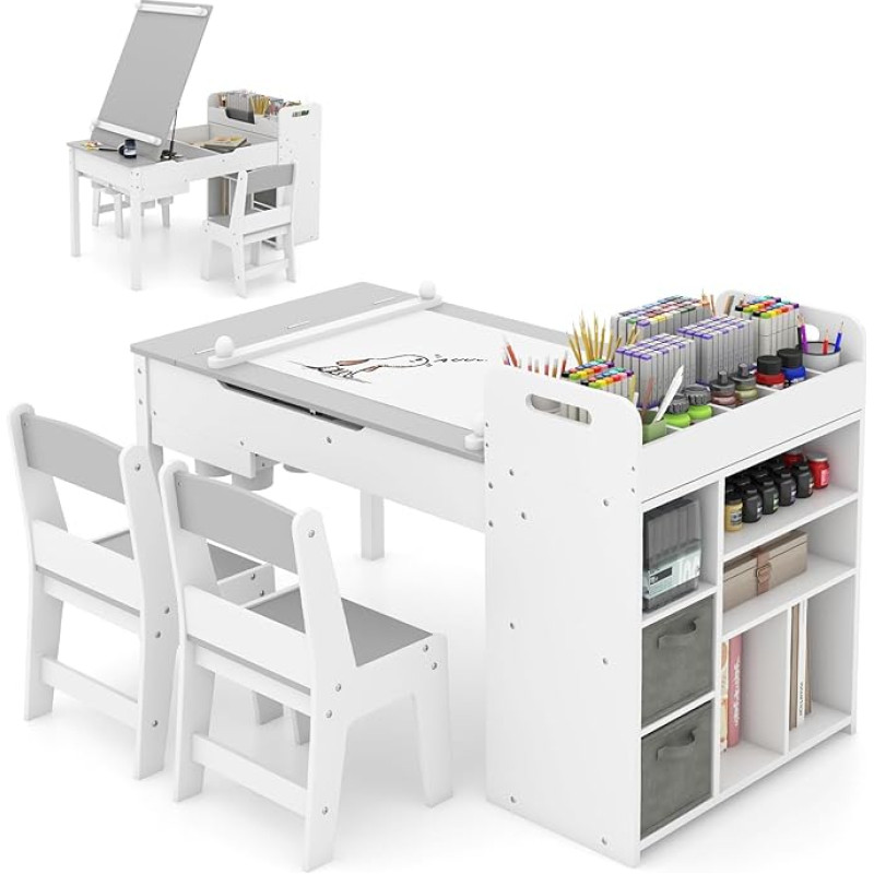 DREAMADE 3-in-1 vaikiškas stalas su 2 medinėmis kėdutėmis, vaikiškas tapybos stalas su pakreipiamu stalviršiu ir 2 medžiaginėmis dėžutėmis bei popieriaus ritiniu, vaikiškas sėdimųjų vietų rinkinys su laikymo vieta vaikų kambariui (pilkas, su 7 skyriais)