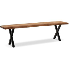 FineBuy Valgomojo suolas 180 x 40 x 45,5 cm Akacijų medžio masyvo/metalo su atlošu, modernus valgomojo stalo suolas, medinis suolas be atlošo, virtuvės suolas Valgomojo suolas su X kojomis, valgomojo suolas