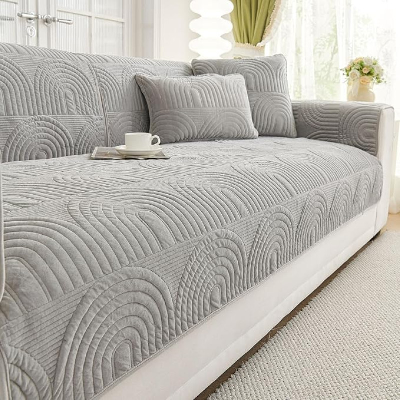 vctops Samt-Plüsch-Couch-Sofabezug, geometrisch, gesteppt, rutschfest, flauschig, weich, Sofa-Schonbezug für Hunde, Kinder, Haustier-Möbelschutz (Grau, 91,4 x 71,1 cm)