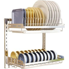 Wandmontierter Geschirrständer aus rostfreiem Edelstahl 304 mit doppellagigem Abtropfgestell, Abnehmbarer Abtropfschale und 3 Haken für platzsparende Küchenarbeitsplatte