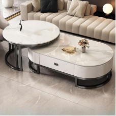 Šiuolaikinis ovalus stalviršis, 2 komplektai, Steinplatte und Stahlrahmen, Cocktailtische mit Schublade, 119,4 x 61 x 40,6 cm ir 81,3 x 81,3 x 45,7 cm, stilvolle Heimdekoration