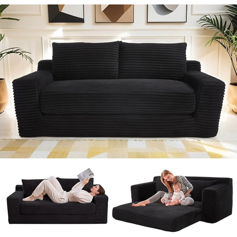 Sofa ohne Knochen, 2-in-1 umwandelbar, 180,3 cm Cord, Wolken-Zweisitzer-Sofa, Memory-Schaum-Couch in einer Box, keine Montage, kleines Sofa für Wohnzimmer, Wohnungen, Heimbüro, Schlafzimmer, Schwarz