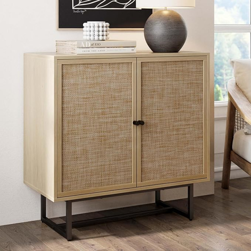 Nathan James Kova Accent Light Wood Rattan Sideboard Storage Cabinet with Metal Frame, Adjustable Shelves and Stock Doors, Hallway or Living Room, Light Oak/Cane/Black