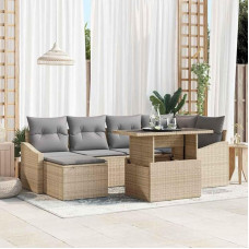 Gartenmöbel-Set 7 Stücke Schwarz Creme: Modulares Rattan-Sofa-Set mit Eckbänken, Mittel-Sitzen, Hocker und Tisch für den Outdoor-Bereich