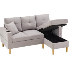 BTM L formos šiuolaikinė sofa 3 sėdimų vietų sofa su šezlongu Kampinė sofa maža su laikymo vieta Gėrimų laikiklis Kampinė sofa svetainei šviesiai pilka