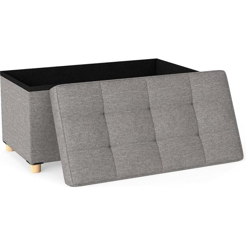 COSTWAY Stool with Storage Space, Linen Fabric Storage Box, Storage Chest with Lid & Rubber Wooden Legs, Padded Footstool Seat Chest for Bedroom & Hallway, 76 x 38 x 39 cm