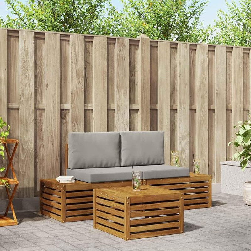 Lauko sofos komplektas Akazienholz Gartenmöbel Set mit Kissen als Garten Sofagarnitur 3 Stück in Natur und Hellgrau
