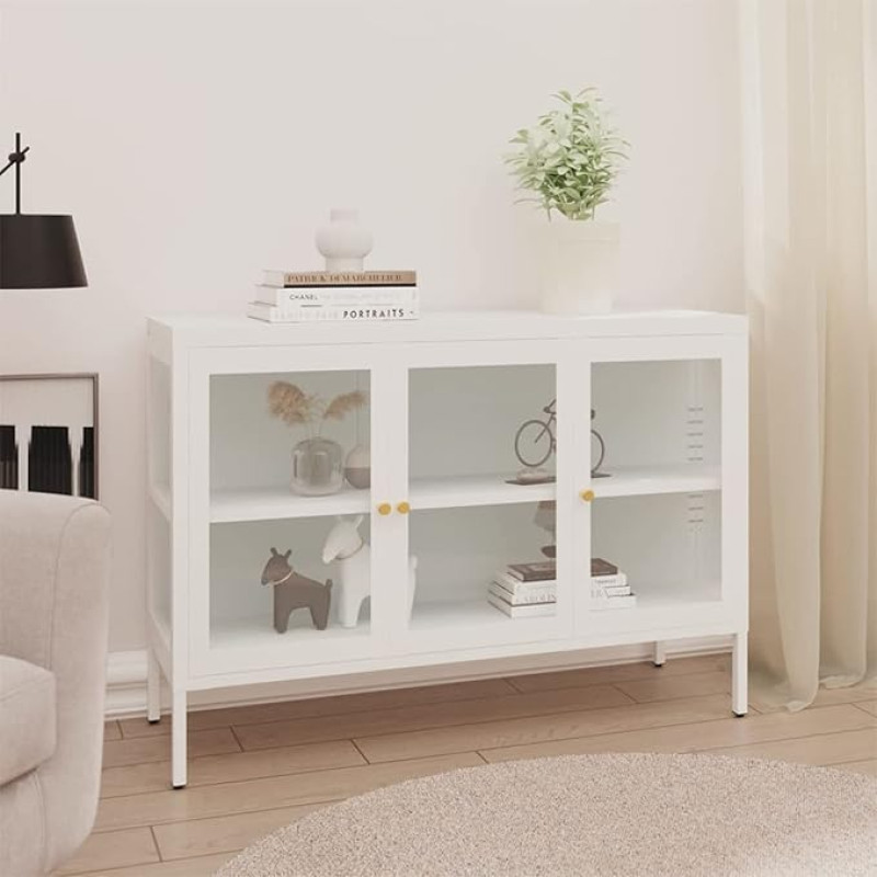 Tidyard Sideboard Chest of Drawers Display Cabinet Book Cabinet Filing Cabinet Office Cabinet Display Cabinet Bookshelf Multi-Purpose Cabinets Metal and Glass White 105 x 35 x 70 cm