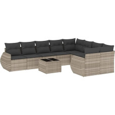 10-teiliges Garten-Sofagarnitur Hellgrau Poly Rattan Ecksofa Mittelsofa Couchtisch mit Glasplatte abnehmbaren Kissen platzsparendes Modular-Set für Balkon Terrasse und Garten