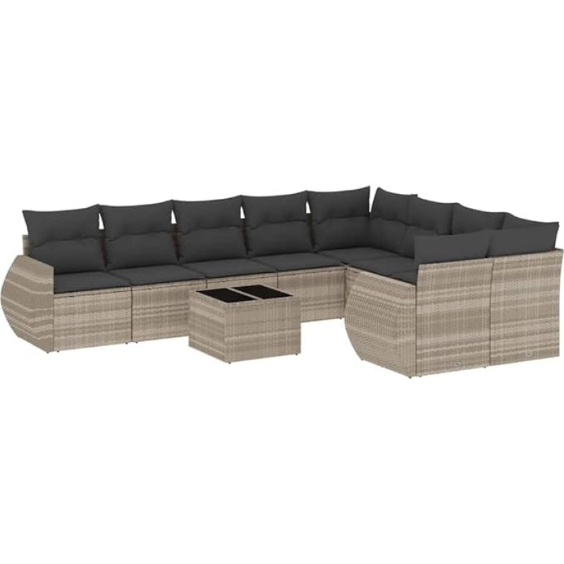 10-teiliges Garten-Sofagarnitur Hellgrau Poly Rattan Ecksofa Mittelsofa Couchtisch mit Glasplatte abnehmbaren Kissen platzsparendes Modular-Set für Balkon Terrasse und Garten