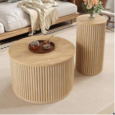 Kušetės komplektas, Rund, Natur MDF, 2-teilig, 60x60x38,5cm ir 30x30x56cm, Vertikales Streifenmuster, Beistelltisch