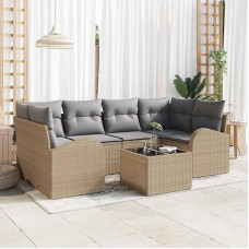 Modulares Gartensofa-Set Beige Poly-Rattan mit Zwei Ecksofas Zwei Armsofas mittleren Sofas und Glasplattentisch für den Garten