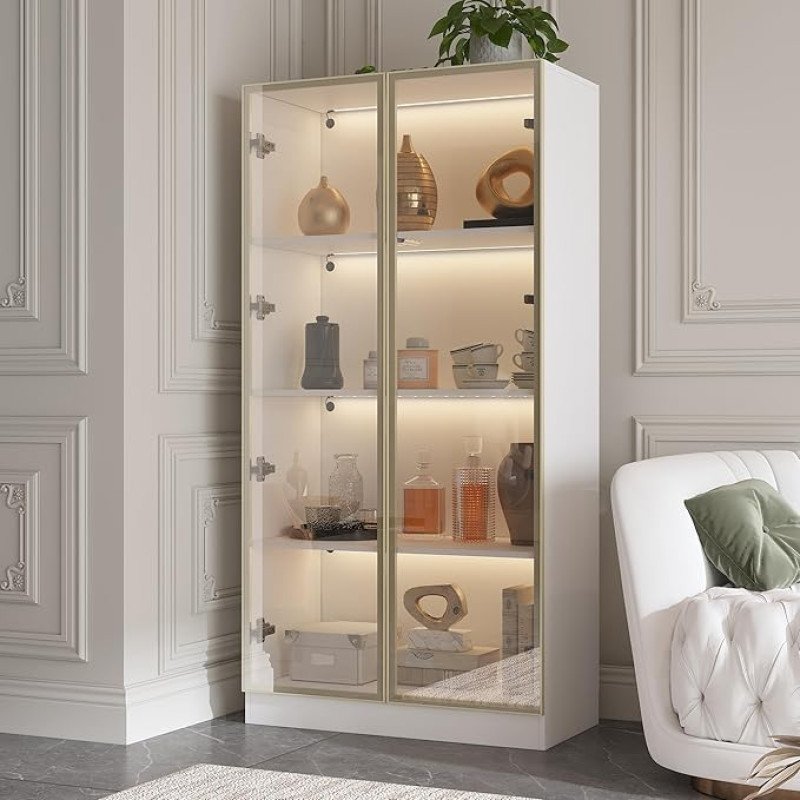 Stiklinė vitrina su stiklinėmis durelėmis ir apšvietimu, stovinti stiklinė vitrina su 4 lygių lentynomis, 