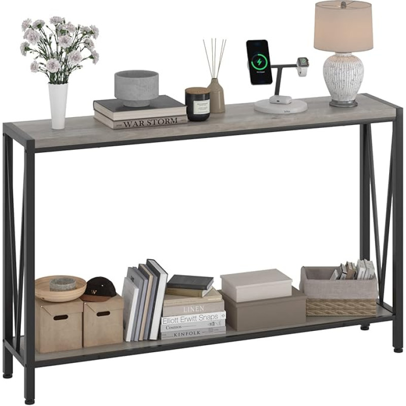 GarveeHome Konsolentisch im Industrie-Stil, schmaler 2stufiger Tisch mit Regalen & stabilem Metallrahmen für Eingang, Flur, Wohnzimmer, Foyer & Büro,Grau 120 × 25 × 76 cm