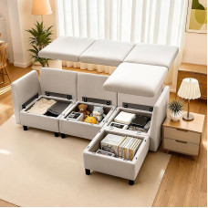 VEVOR kampinė sofa su paslėpta laikymo vieta, sofa su ottomanu ir elastingomis putomis, minkšta sofa (3 sėdimos vietos) su medžio masyvo rėmu, skirta svetainei, miegamajam, smėlio spalvos