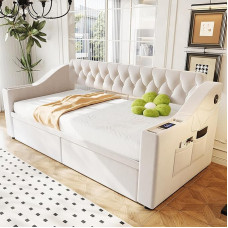 MURUL Polsterbett-Schlafsofa 90x190cm, beige Samt, mit Breiten Armlehnen, USB-Anschluss, Ablage, Taschen & Aufbewahrungsschublade