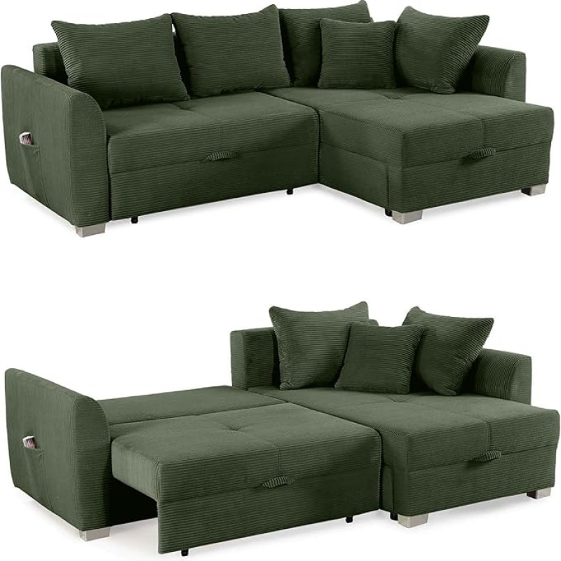15207 Korsakinė kampinė sofa W 236 x D 160 x H 81 cm su miego funkcija ir lovos dėže, kišenė porankyje, L formos sofa su baldakimu, išskleidžiama, montuojama į kairę arba į dešinę Korsakinis audinys, žalias