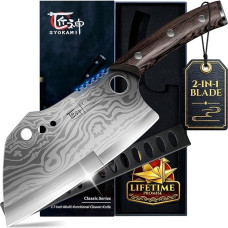 SYOKAMI Butcher's Knife with Sheath, 19.5 cm Damask Pattern Chopping Knife, Kitchen Knife with Ergonomic Continuous Wooden Handle for Home, Kitchen or Gift
