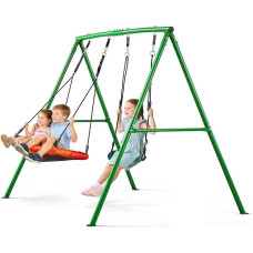 VEVOR Garden Swing with A-shaped Metal Frame, Double Swing (1 Plate Swing & 1 Belt Swing), up to 199.6 kg Load Capacity, Swing Set Outdoor, Reinforced with Spiral Ground Anchors