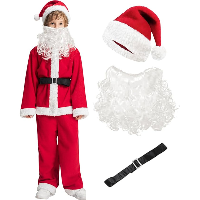 IKALI Kinder Santa Kostüm Weihnachten Mädchen Jungen Weihnachtsmann Kostüm Kleid Outfit mit Hut Schuhe Deckung 3-10 Jahre