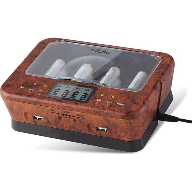 FISHTEC - Universalus C/D/AA/AAA/6LR61 NiCd NiMh + ALCALINES (Loupe d'orme) įkroviklis