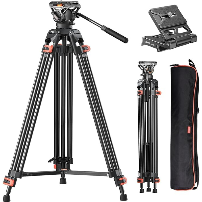 COMAN 186 cm ilgio fotoaparato trikojis - aliuminis su fotoaparato trikoju, 360° lanksčiai pasukamas ir +90°/-70° pakreipiamas, suderinamas su DJI Rs galvutėmis, maksimali apkrova 10 kg