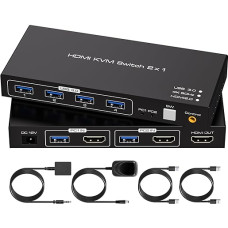 VPFET USB 3.0 KVM jungiklis HDMI 2 kompiuteriai 1 monitorius 4K60Hz KVM jungikliai, skirti 2 kompiuteriams dalytis 1 monitoriaus įrenginiais Palaiko stalinį valdiklį Pridedamas adapteris ir 2 USB 3.0 kabeliai