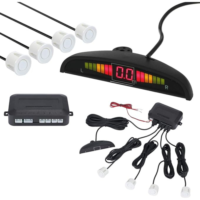 AUTOUTLET Parking Aid Parking Sensors PDC Reversing Alarm 4 Sensors Universal Car Reverse Parking Aid Reverse Gear Audio Buzzer Alarm Kit LCD Display DC 12 V (White)