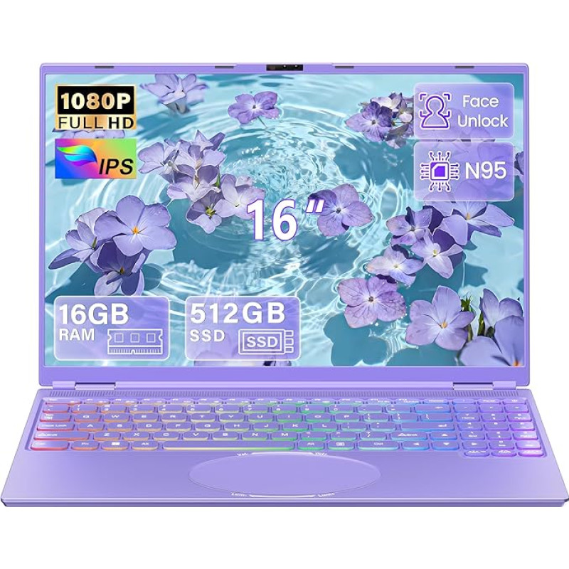 16 colių FHD nešiojamasis kompiuteris violetinės spalvos, 512 GB SSD, 16 GB DDR4 RAM, keturių branduolių N95 procesorius iki 3,4 GHz (Beat N5095 N4120), veido atrakinimas, spalvota klaviatūra, HDMI, USB 3.0, C tipo, WLAN, 5000 mAh nešiojamasis kompiuteris