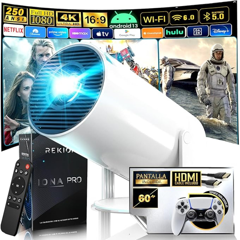 REKION® [Integruotos programos] Nešiojamas projektorius HY.300 4K + 60 colių ekranas | HDMI | 1080P Full HD 250 ANSI 9000 liumenų | WiFi 6 Bluetooth 5.0 | Android 13 | 180° pasukamas