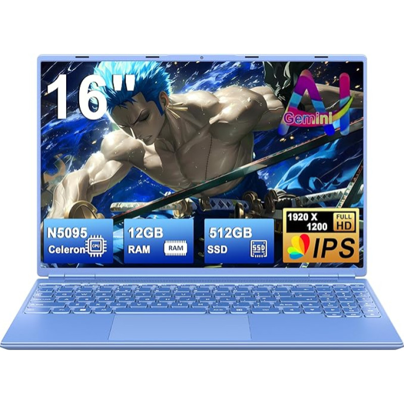 Nešiojamasis kompiuteris 16 colių 4 branduolių Celeron N5095 (iki 2,9 GHz) 12+512 GB SSD išplėtimas 1 TB Nešiojamasis kompiuteris Win11 su 5G WiFi 1920x1200 BT4.2 Belaidė pelė ir AZERTY klaviatūra Mėlyna