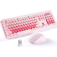 SOPPY Kabellose Tastatur und Maus, 2,4 GHz Retro-Schreibmaschinentastatur, runde Tastenkappen, ergonomisch, USB-Empfänger, Plug-and-Play, kompatibel mit PC/Desktop/Laptop/Windows, US-Layout, Rosa