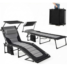 Clevich XXL Folding Sun Lounger with Roof, Set of 2, 199 x 66 cm, Extra Wide, Padded, Reclining Chair with 5 Backrests and 2 Leg Positions, Maximum Load 150 kg, for Pool, Garden, Balcony