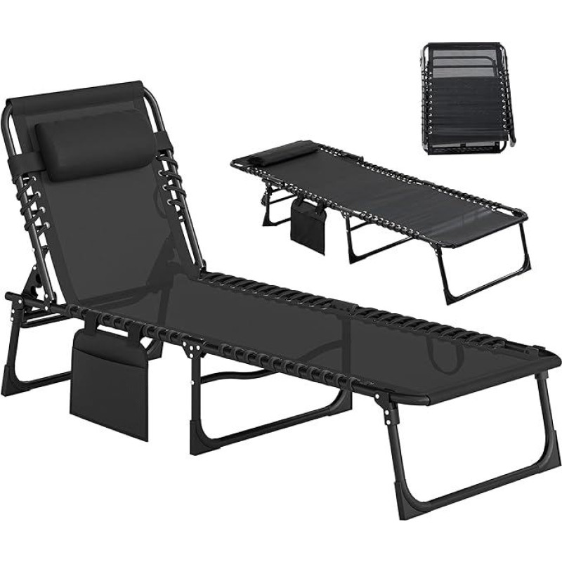 Outsunny Portable Sun Lounger, Foldable Camping Bed, Deck Chair, 5-Way Adjustable Backrest with Side Pocket, Cushion for Patio, Garden, Beach, Pool, Black