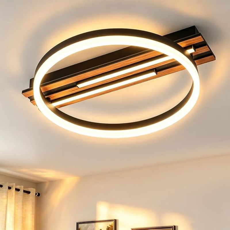 48 x 40 cm plūduriuojantis medžio tekstūros žiedas su dviem LED šviesos diodų juostelėmis, 16 W, 4000 K, neutrali balta spalva, B energinė klasė, idealiai tinka prieškambariui, koridoriui, laiptams