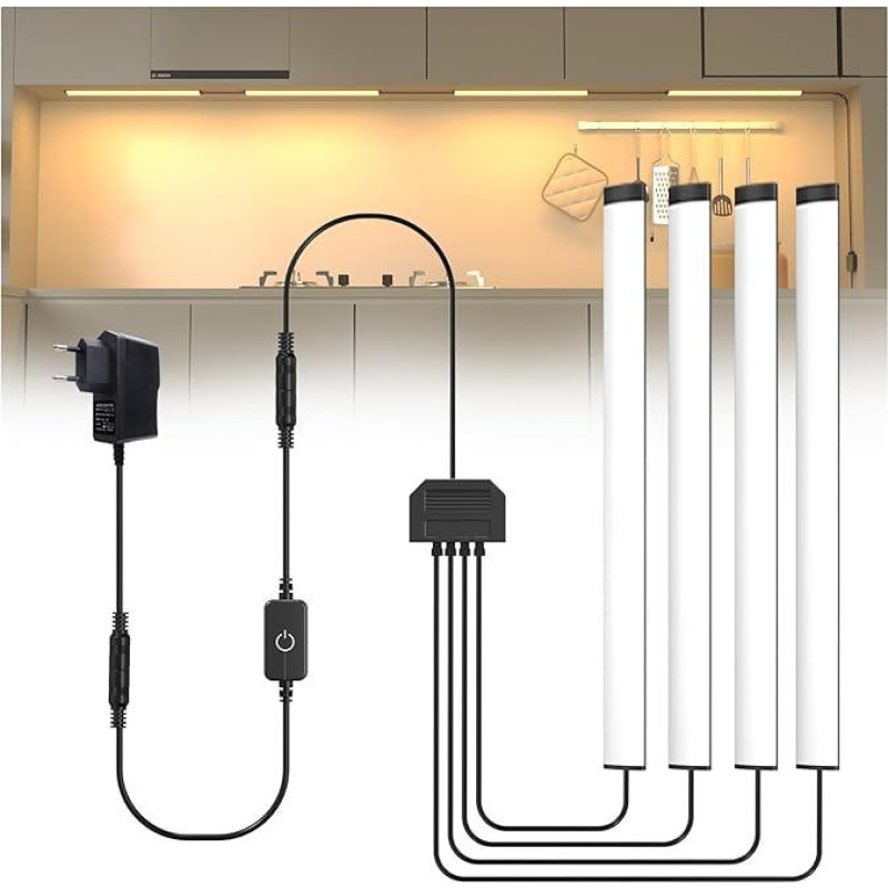 Lustaled Flach Unterbauleuchte Küche LED mit Kabel, 4 x 30cm Vitrinenbeleuchtung LED Küchenlampe Unterbau Warmweiß 3000K, Touch Dimmbare Küchenunterbauleuchte 230V für Schrank, Vitrine, Regal