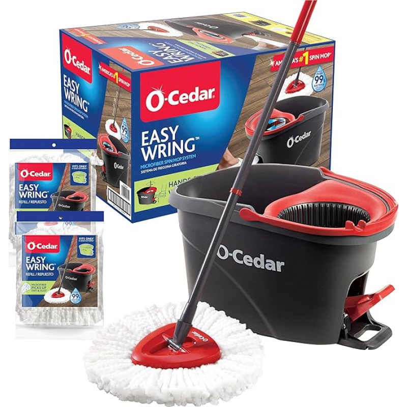„O-Cedar EasyWring“ mikropluošto šluotos su gręžimo mechanizmu ir kibiro rinkinys + 2 papildomi keičiamieji antgaliai – raudona/pilka