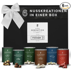 „P-Stash Black Box“ riešutų rinkinys, 6 vnt. dėžutė, riešutų rinkinys, anakardžiai, migdolai ir pistacijos, riešutų mišinys su unikaliomis prieskonių kombinacijomis, rankomis skrudinti Berlyne (6 vnt. dėžutė, „Pure Sensation“)