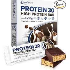 „IronMaxx Protein 30“ baltyminiai batonėliai – „Cookies and Cream“ 6 vnt. po 35 g, baltyminiai batonėliai be palmių aliejaus su vitaminais, tinkami mitybai su sumažintu cukraus kiekiu ir mažai angliavandenių