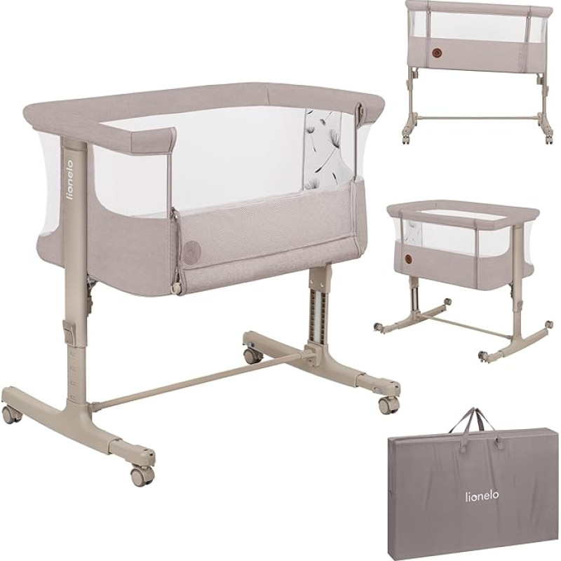 „Lionelo Aurora“ 3-in-1 kūdikių lovelė iki 9 kg, šoninė lovelė, lopšys | Aukščio ir čiužinio pasvirimo reguliavimas, 4 ratukai su stabdžiais, ergonomiškas čiužinio maišas