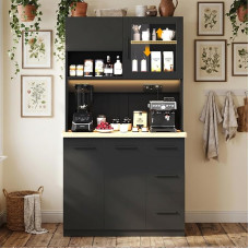 JUMMICO Buffet Cabinet, 100 x 40 x 182 (H) cm, Kitchen Cabinet with 2 Sockets and LED Strip 3000 K, Kitchen Buffet with Adjustable Shelf and Worktop 24 mm, Black