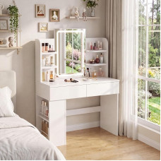 JUMMICO Dressing Table with Mirror and Lighting, 3-Colour LED Lighting, 2 Drawers, Side Storage Cabinet, White, 135 x 90 x 40 cm