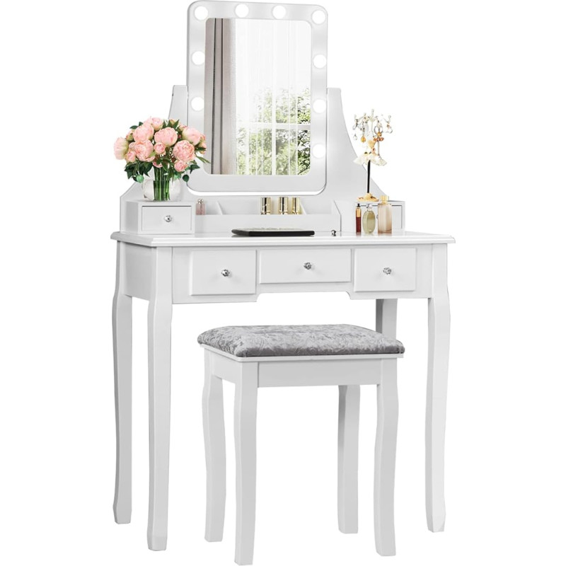 RELAX4LIFE Dressing Table with Stool & 360° Swivel Mirror, Cosmetic Table with 10 Dimmable LED Lights, Dressing Table with 5 Drawers & Organiser & Removable Mirror (White)