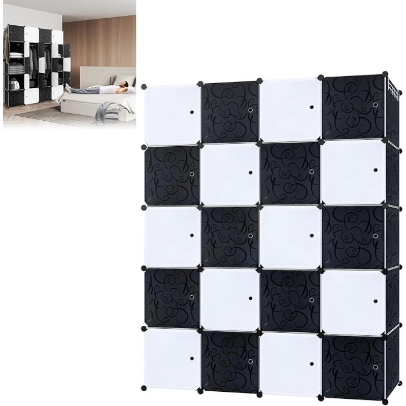 ACXIN Foldable Combination Wardrobe, Screwless Wardrobe with Door, Traditional Plastic Bookcase, Toy Clothes Bookcase (20 Compartments, Black + White)